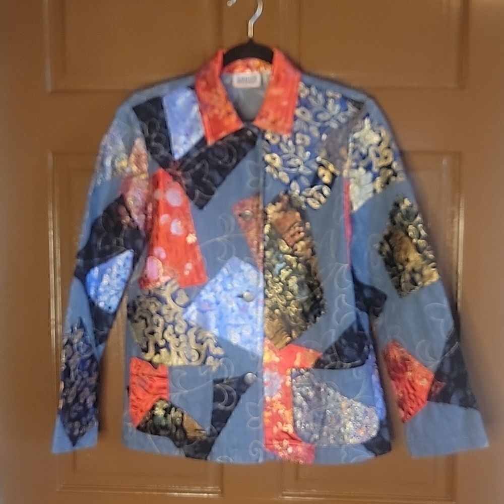 Chico's-Denim patched jacket with red & royal colors, buttoned down front S=6 . - Picture 2 of 10